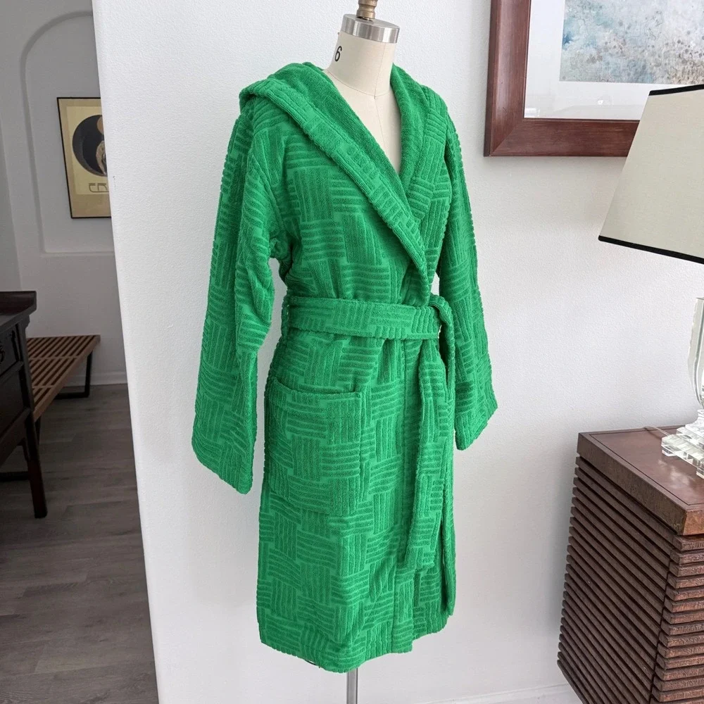 Bottega‎ Veneta Women's Terry Bath Robe Green w/hood Medium 656096 Italy